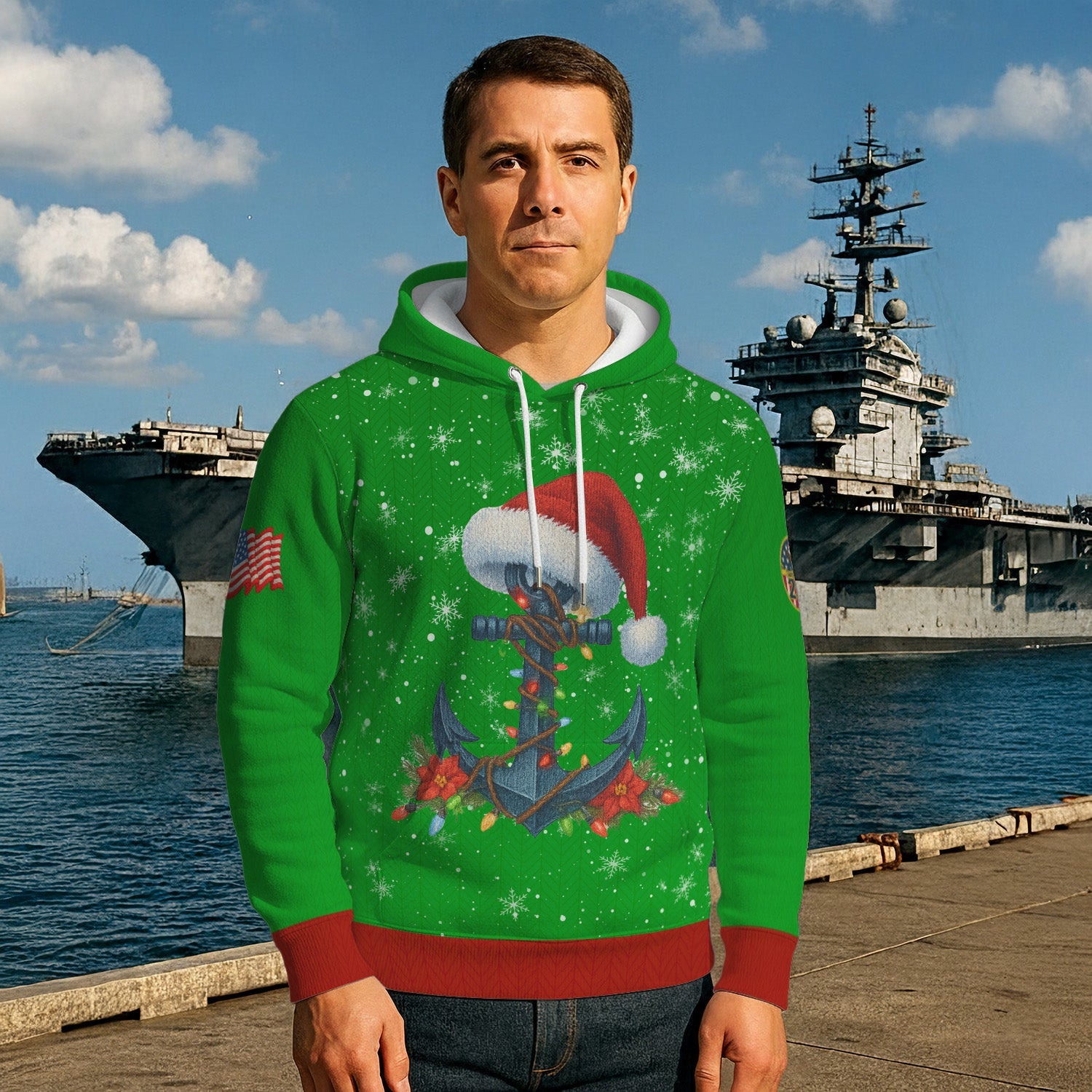 US Navy 3D All Over Print Hoodie Anchor Xmas Hat