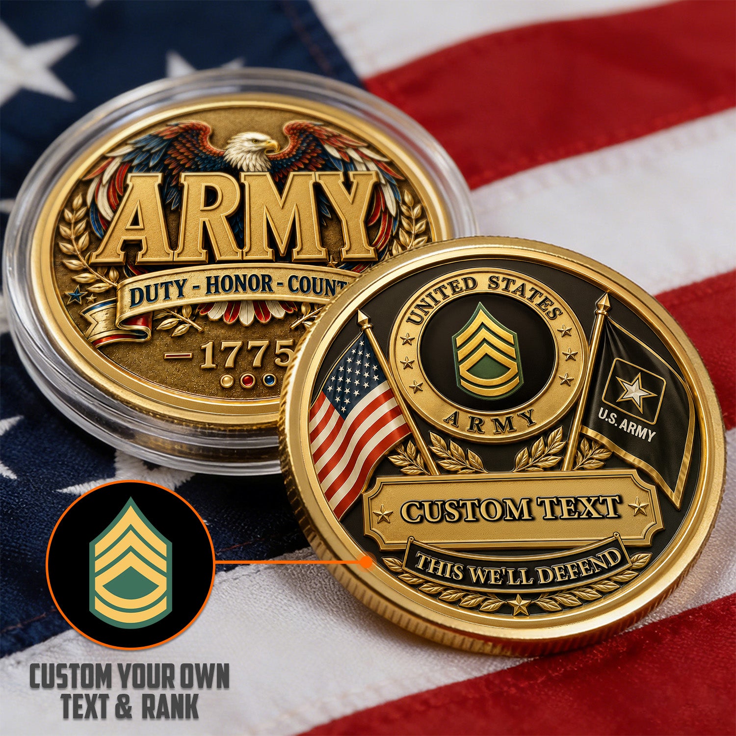 Custom Army Soldier Rank and Text 3D Challenge Coin