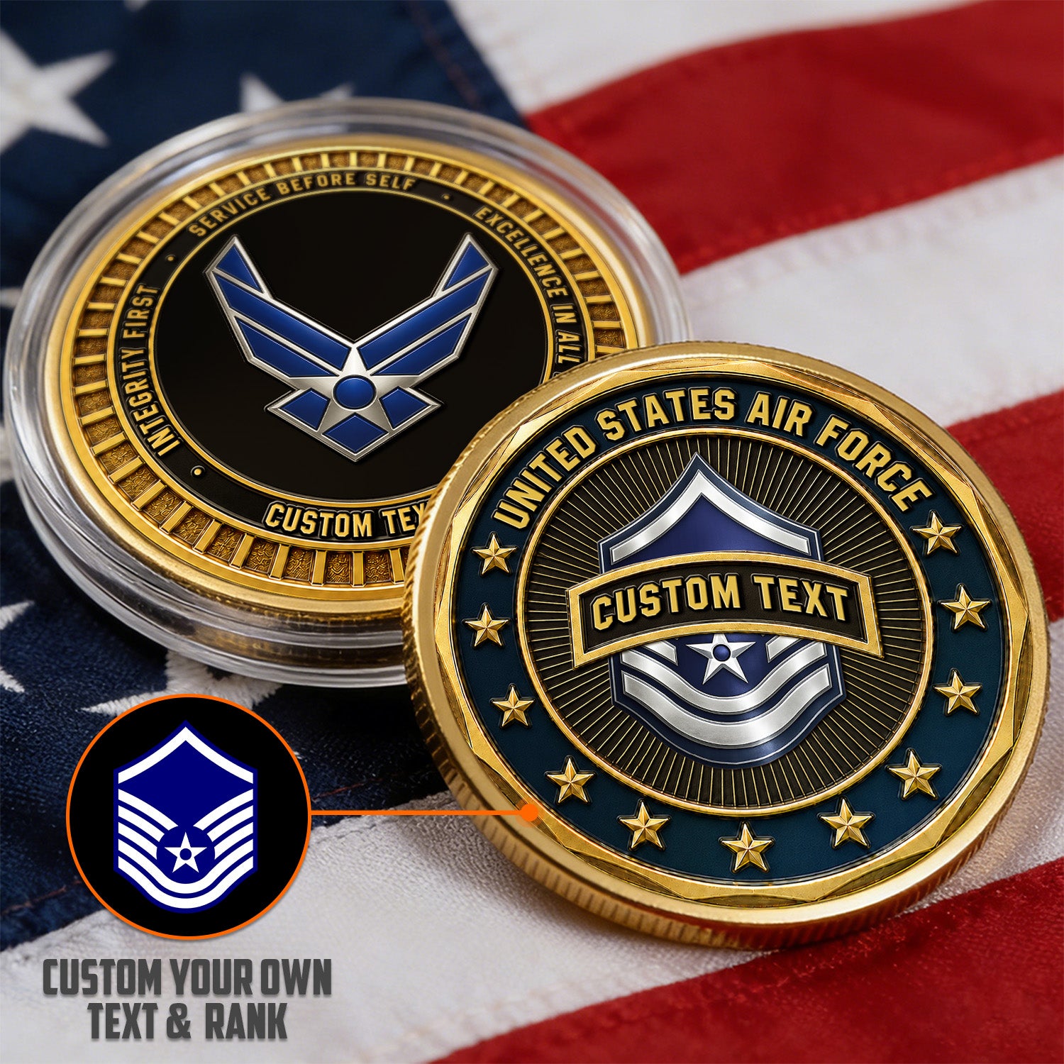 Custom Air Force Service Rank 3D Challenge Coin Tribute