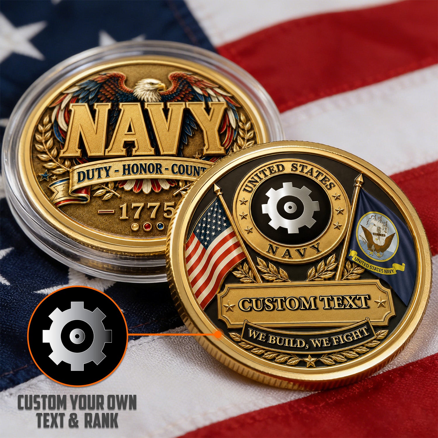 Navy Veteran Personalized Service Text 3D Challenge Coin