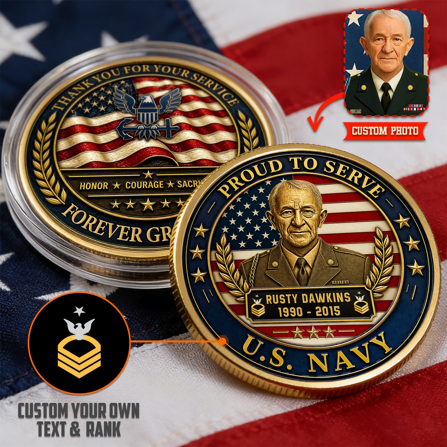Personalized Navy Coin Custom Photo Rank Name Gift