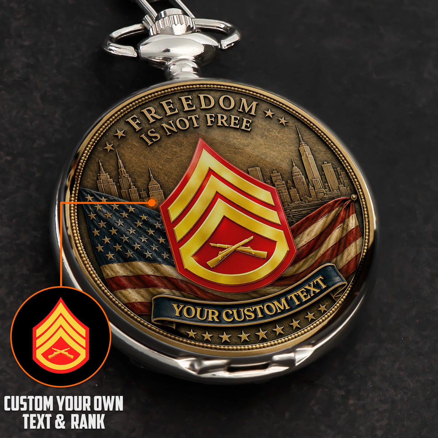 Personalized USMC 250th Anniversary Pocket Watch Custom Rank Gift