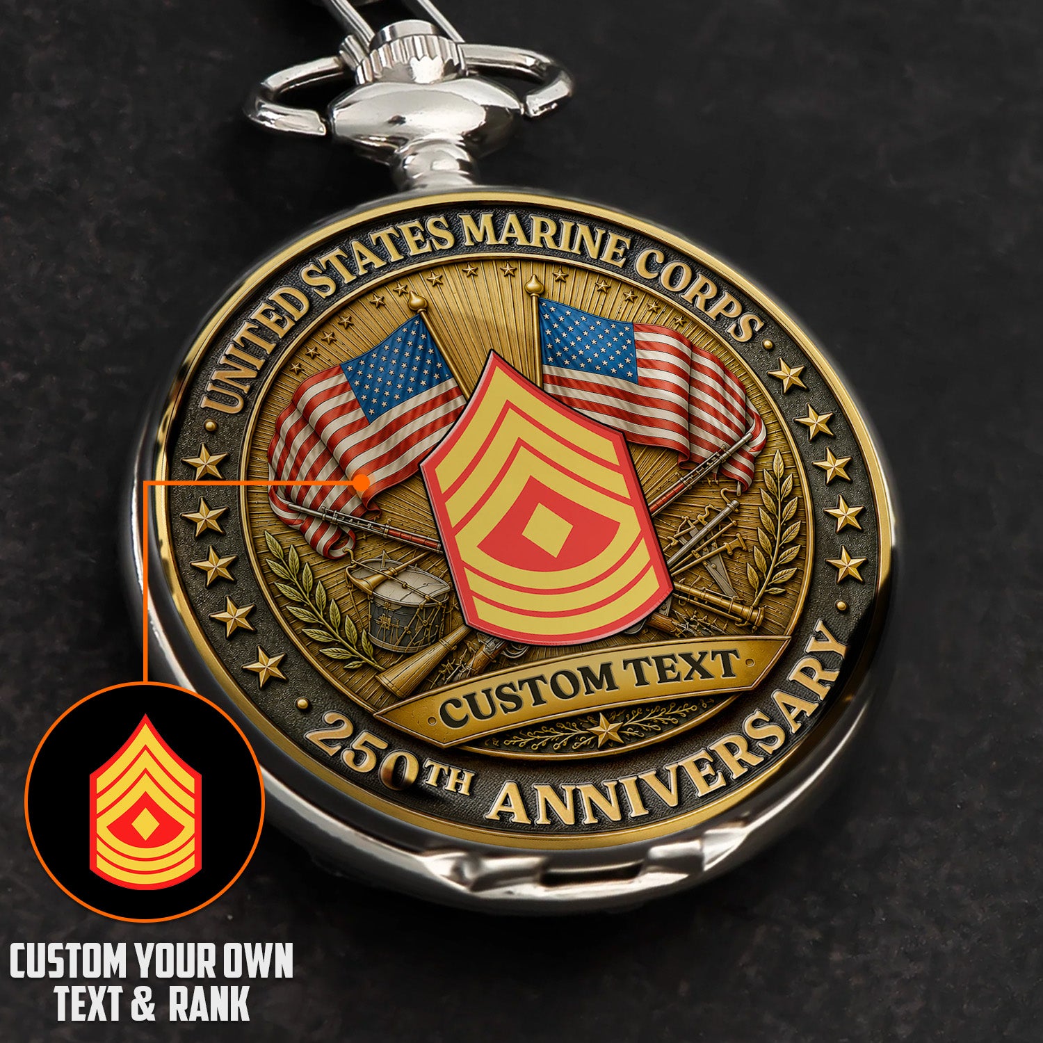 USMC Pocket Watch Personalized Text and Rank