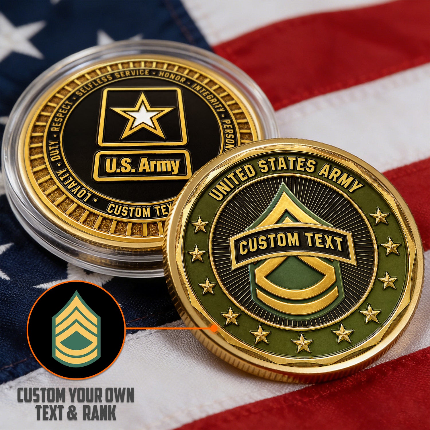 Custom Army NCO Rank Text 3D Challenge Coin Keepsake