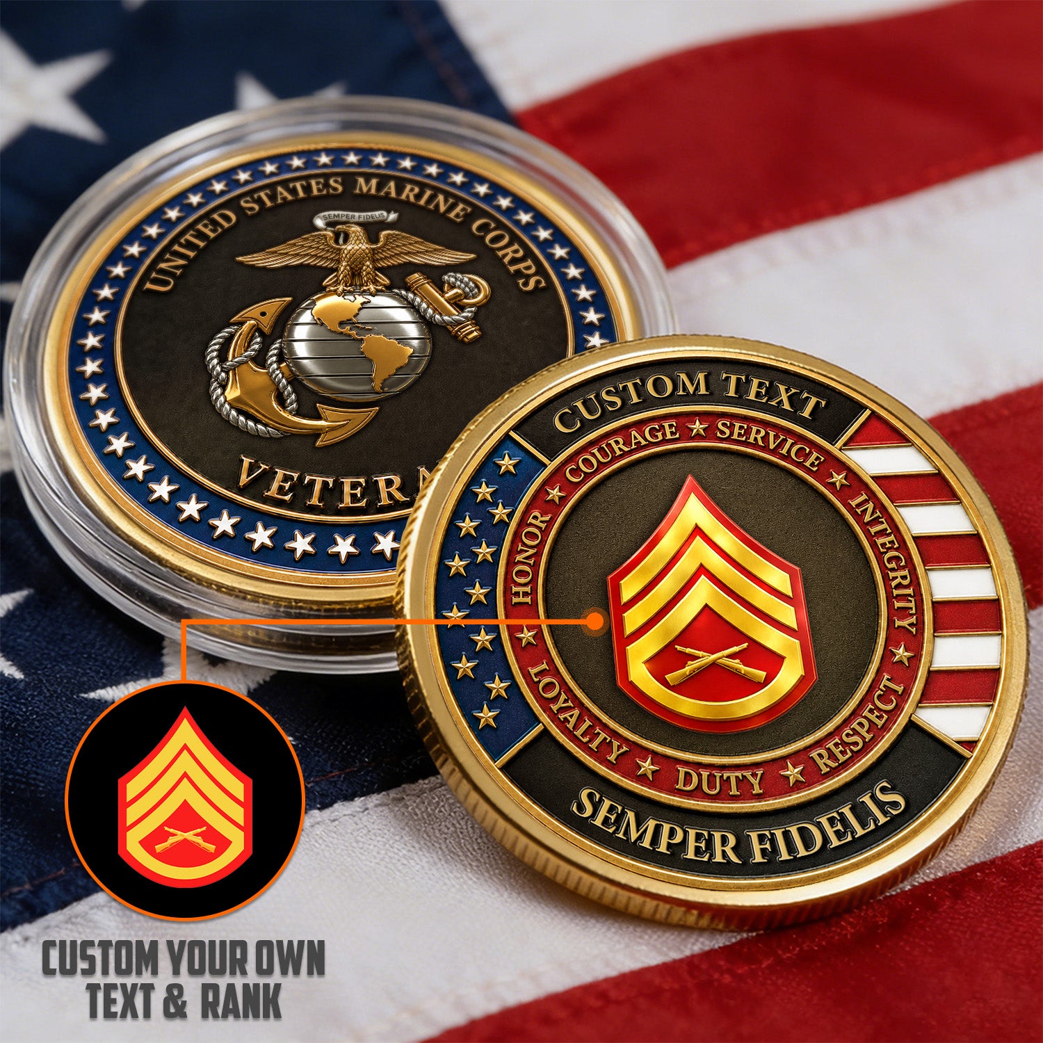 US Marine Corps Custom Rank Message 3D Challenge Coin Tribute