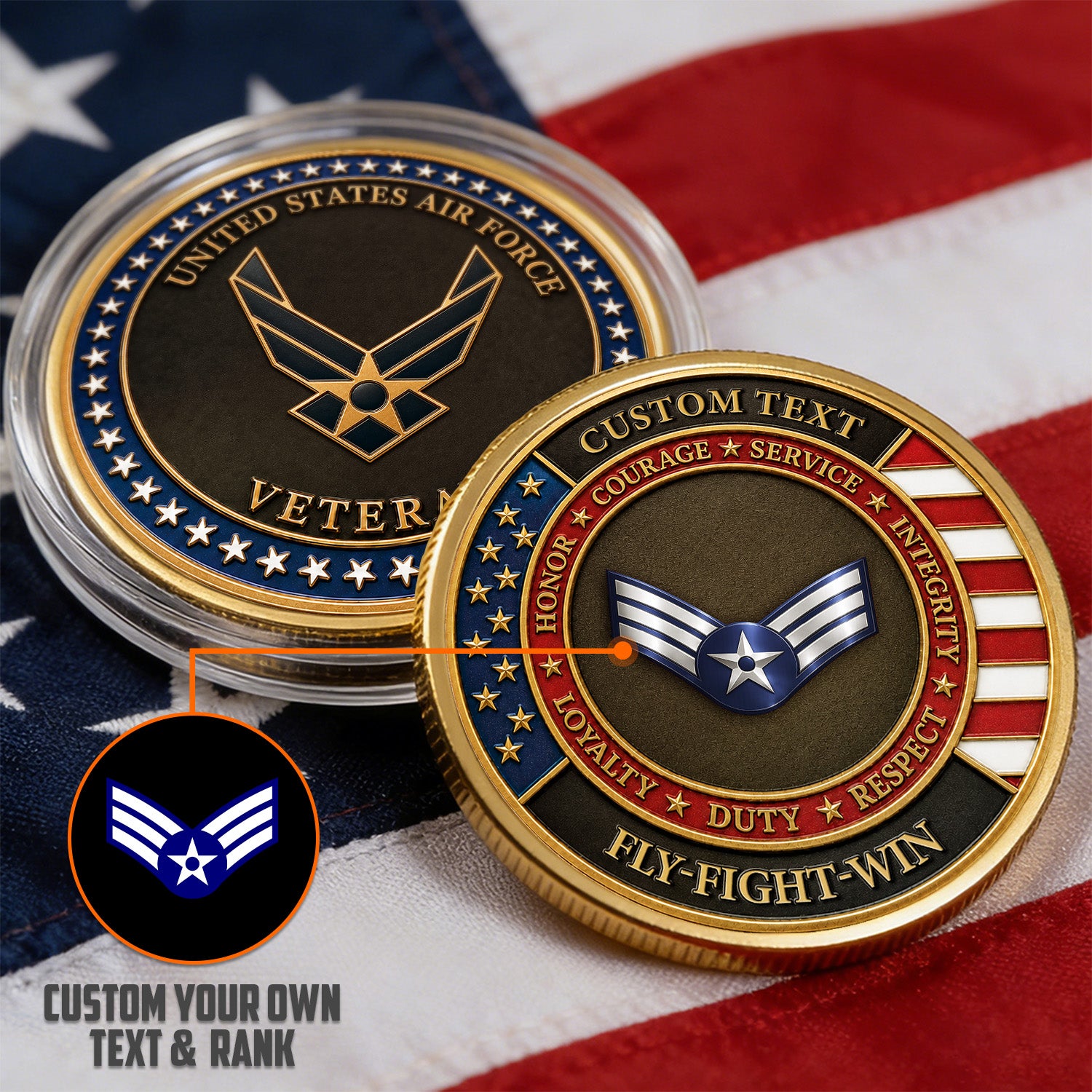 Air Force Veteran Personalized Rank 3D Challenge Coin Keepsake
