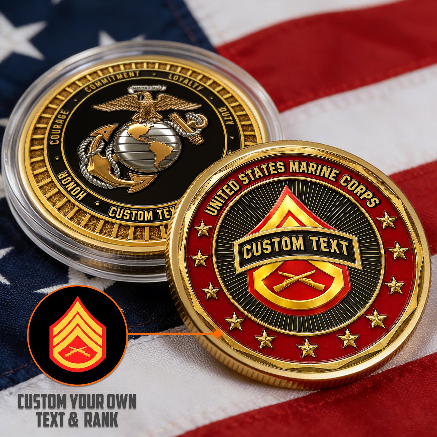 USMC Veteran Custom Name Rank 3D Challenge Coin Keepsake