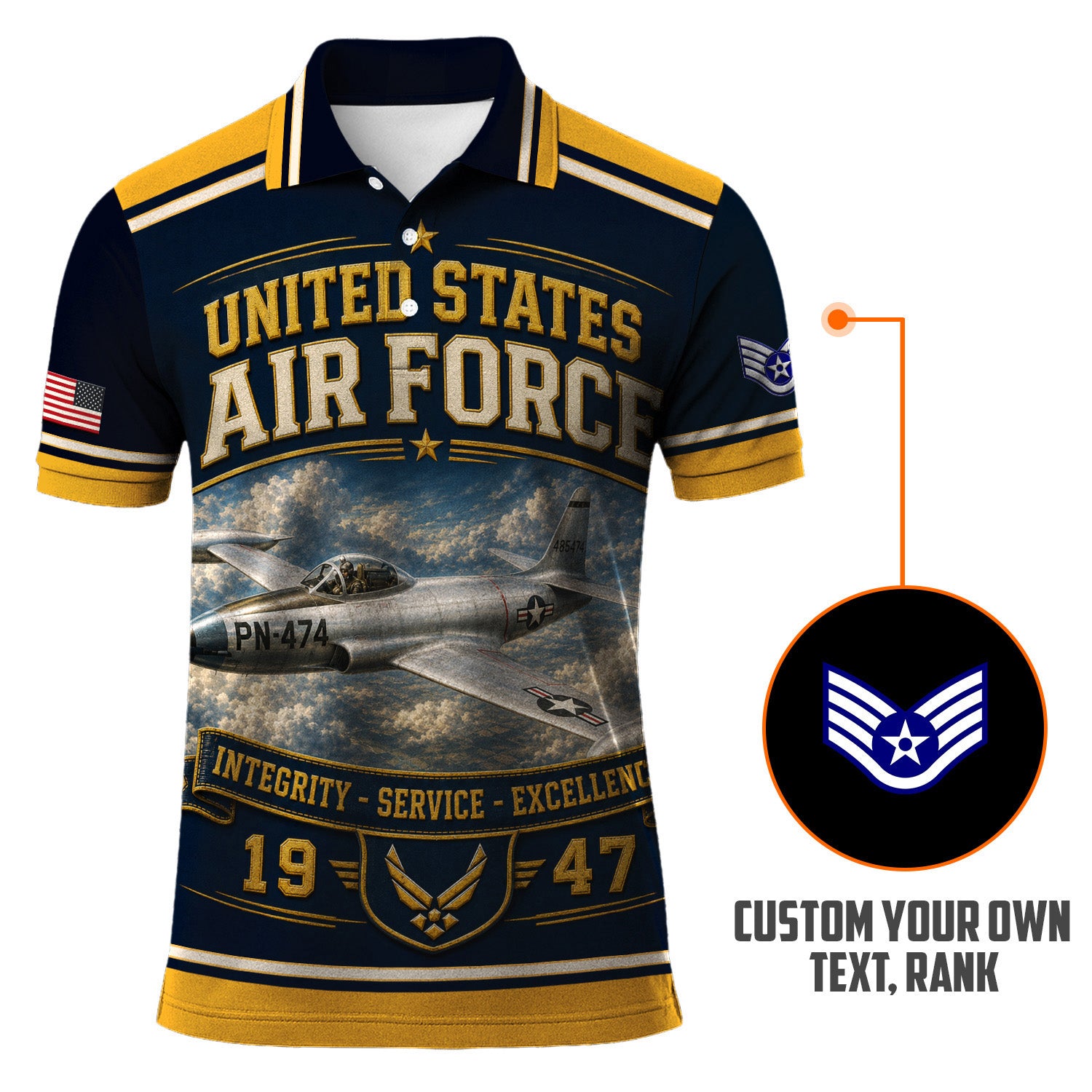 Custom USAF Name Rank 3D Polo Shirt for Veterans