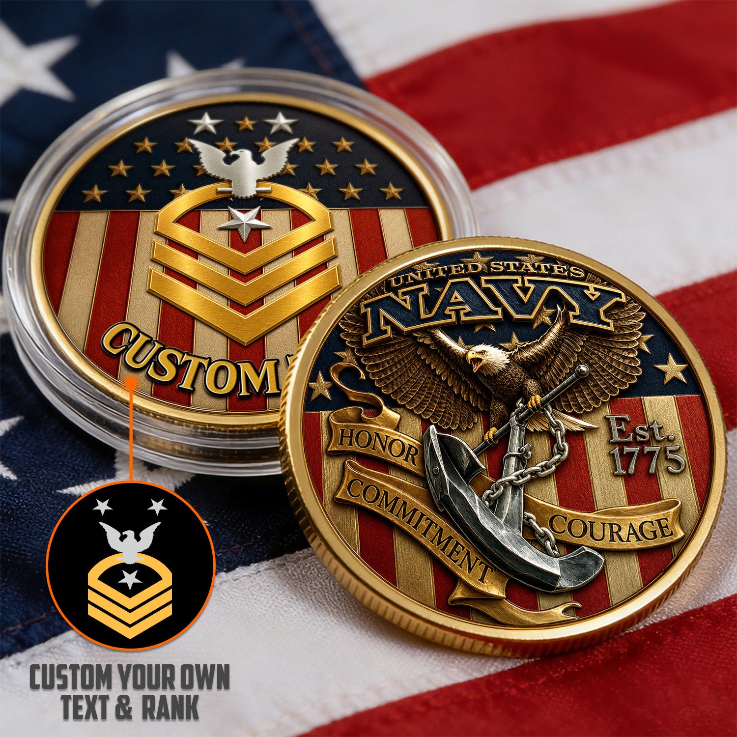 Custom Navy Enlisted Rank Name 3D Challenge Coin Gift