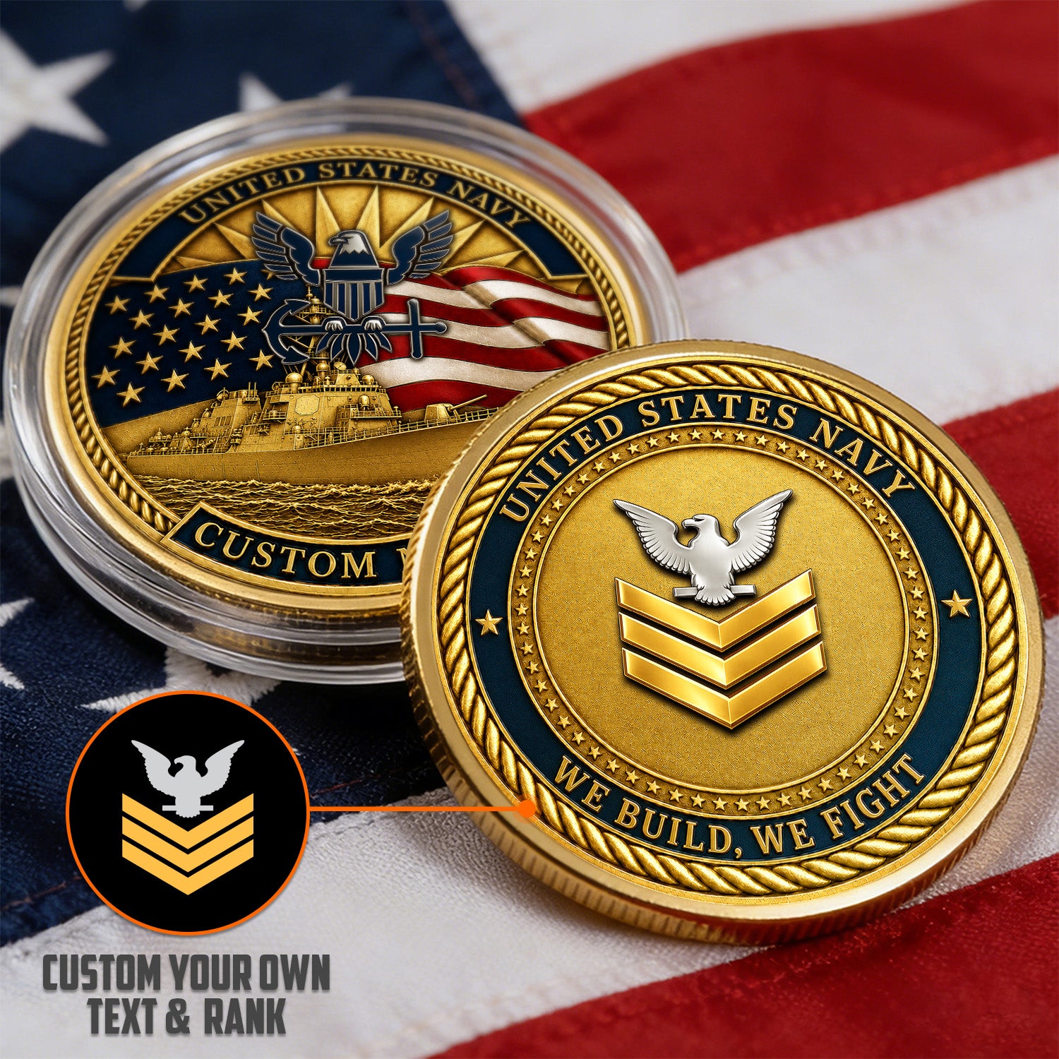 US Navy Chief Rank Custom Name 3D Challenge Coin Keepsake
