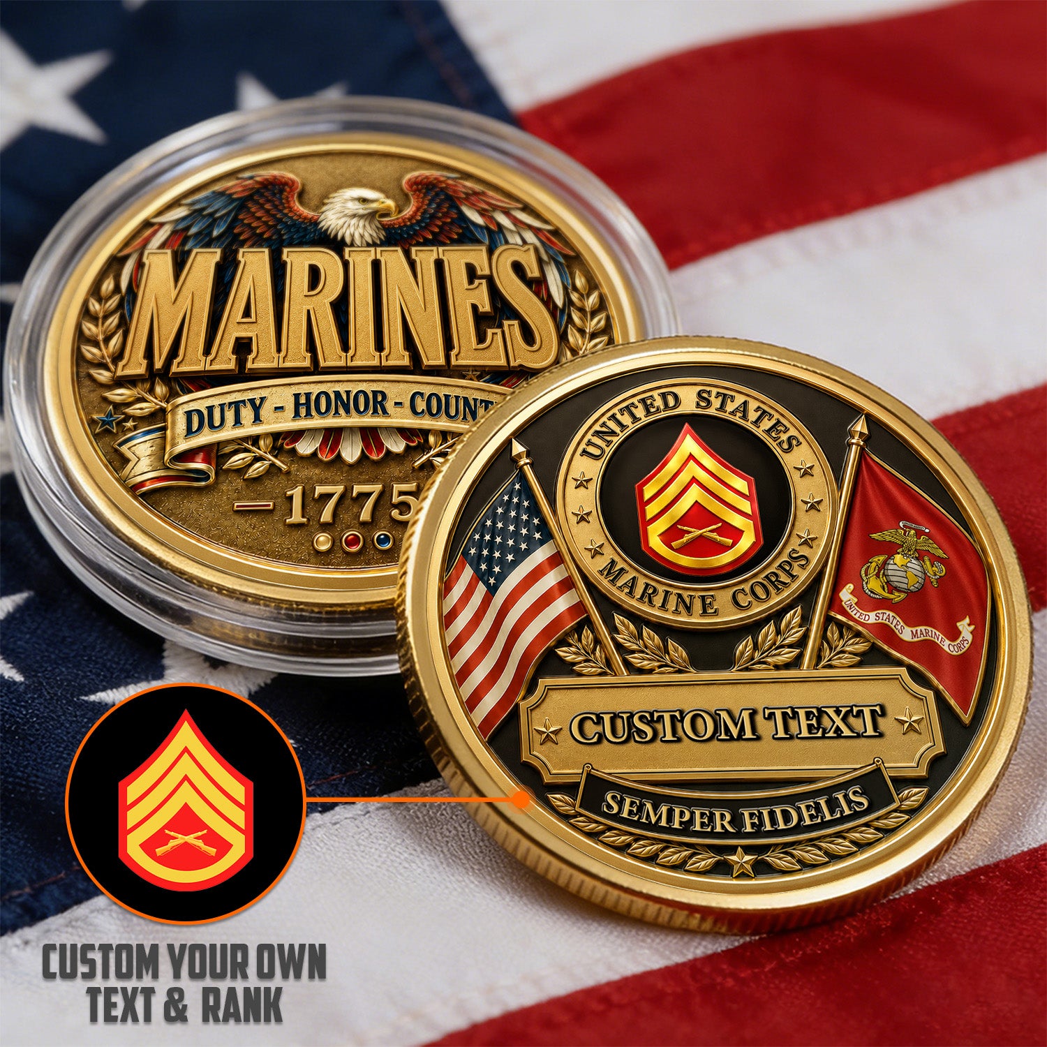 Personalized Marine Service Rank Name 3D Challenge Coin