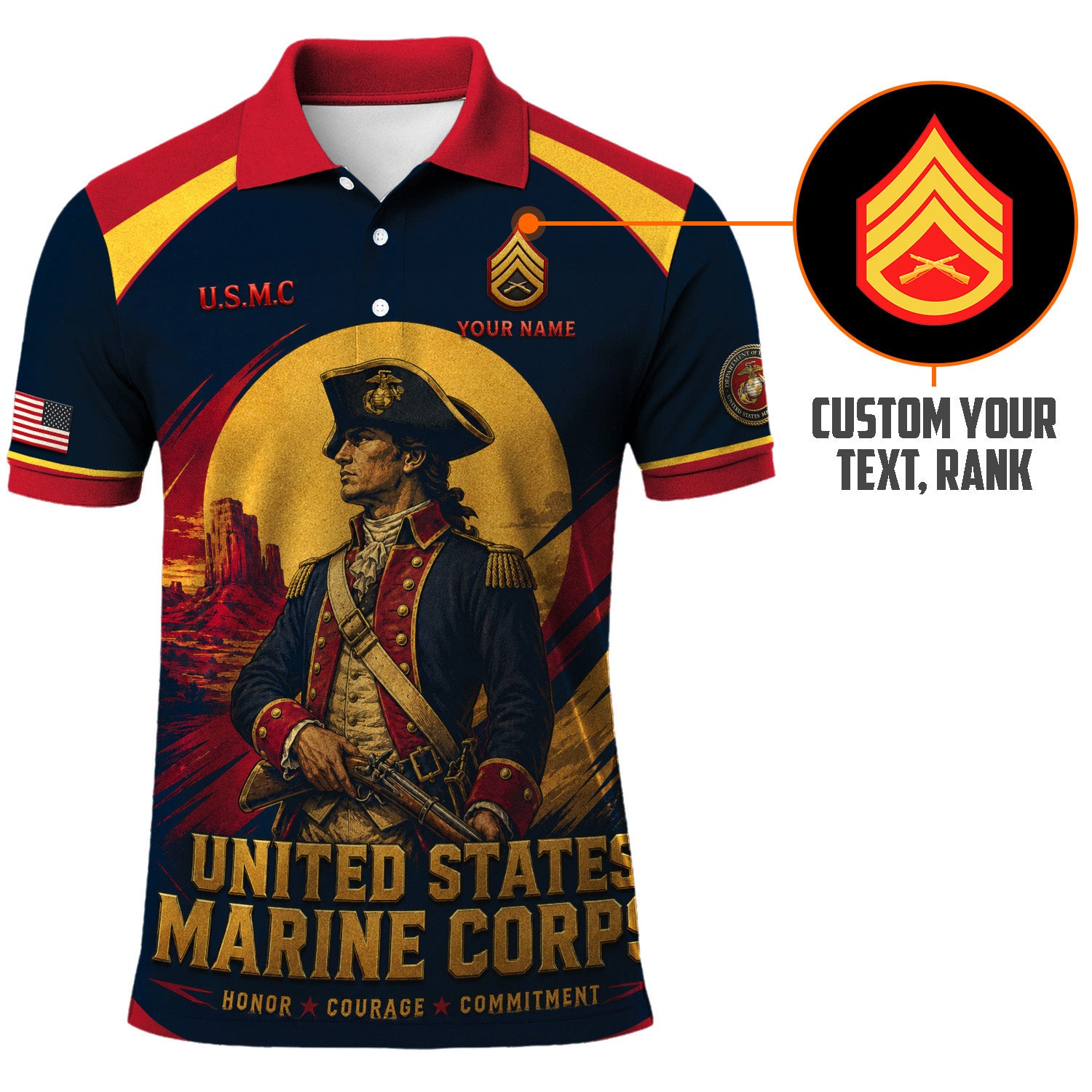 Custom USMC Veteran 3D Polo Shirt with Name and Rank