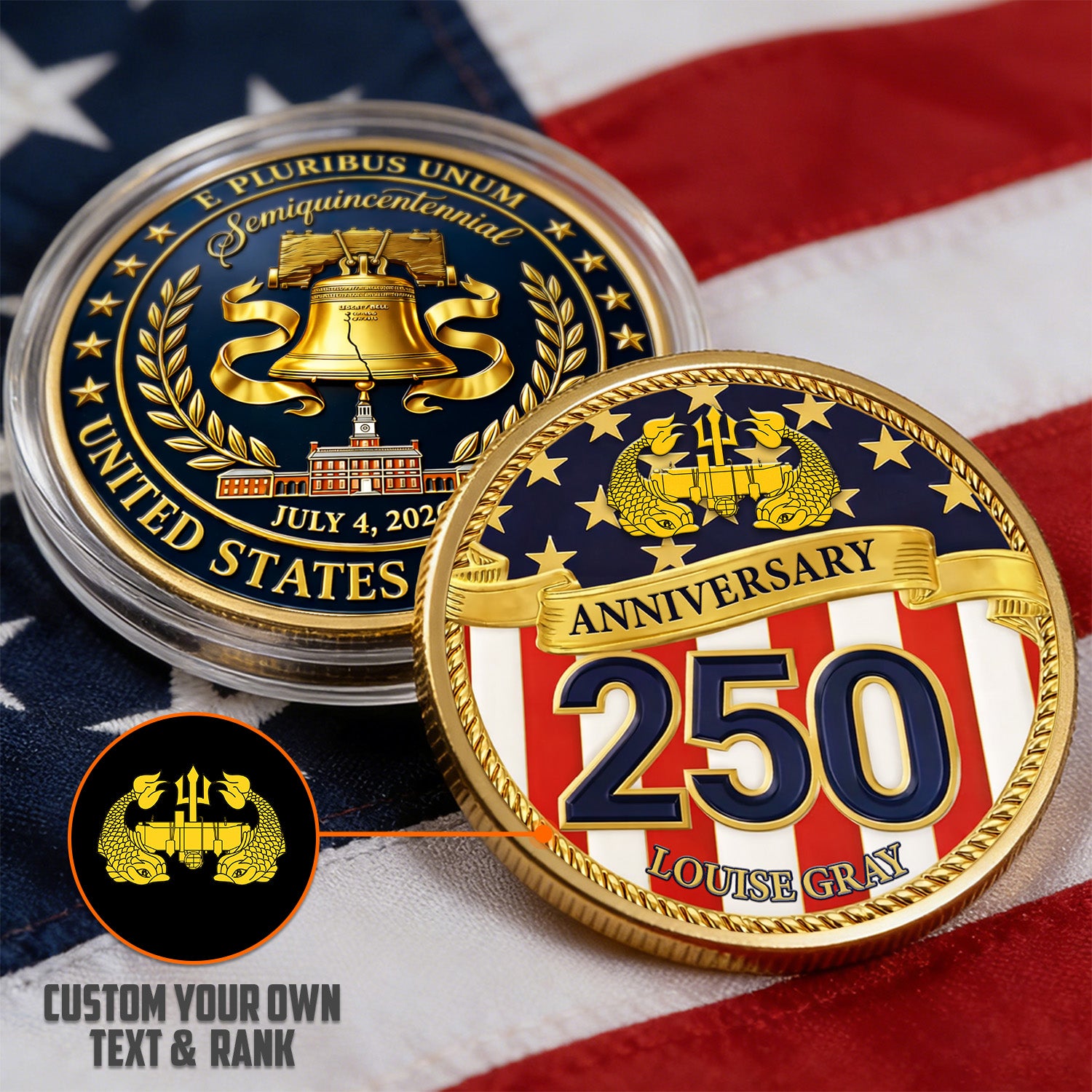 USA 250 Anniversary Coin Custom Name Rank US Navy Patriotic Gift