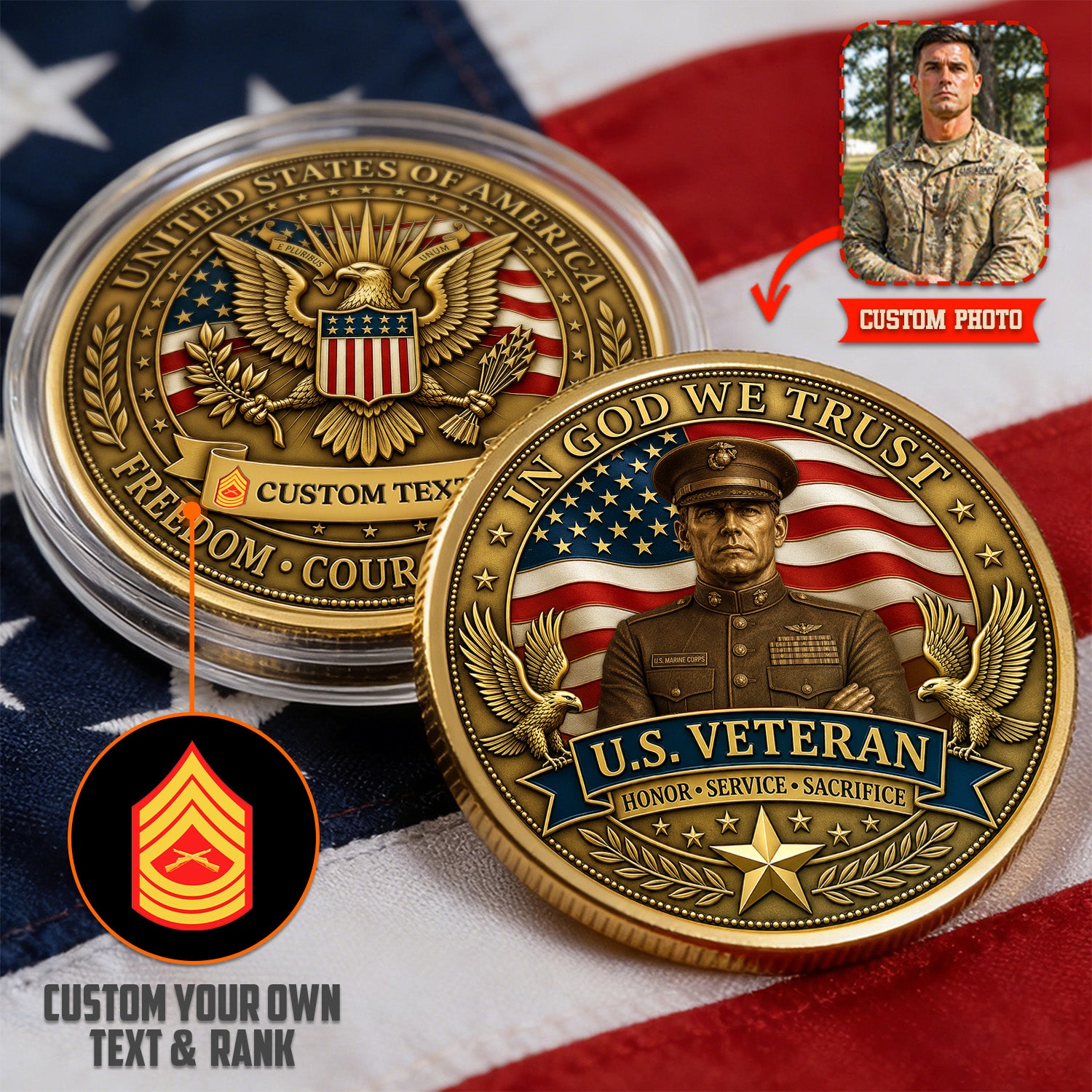 USMC Veteran Custom Rank Text 3D Challenge Coin Gift