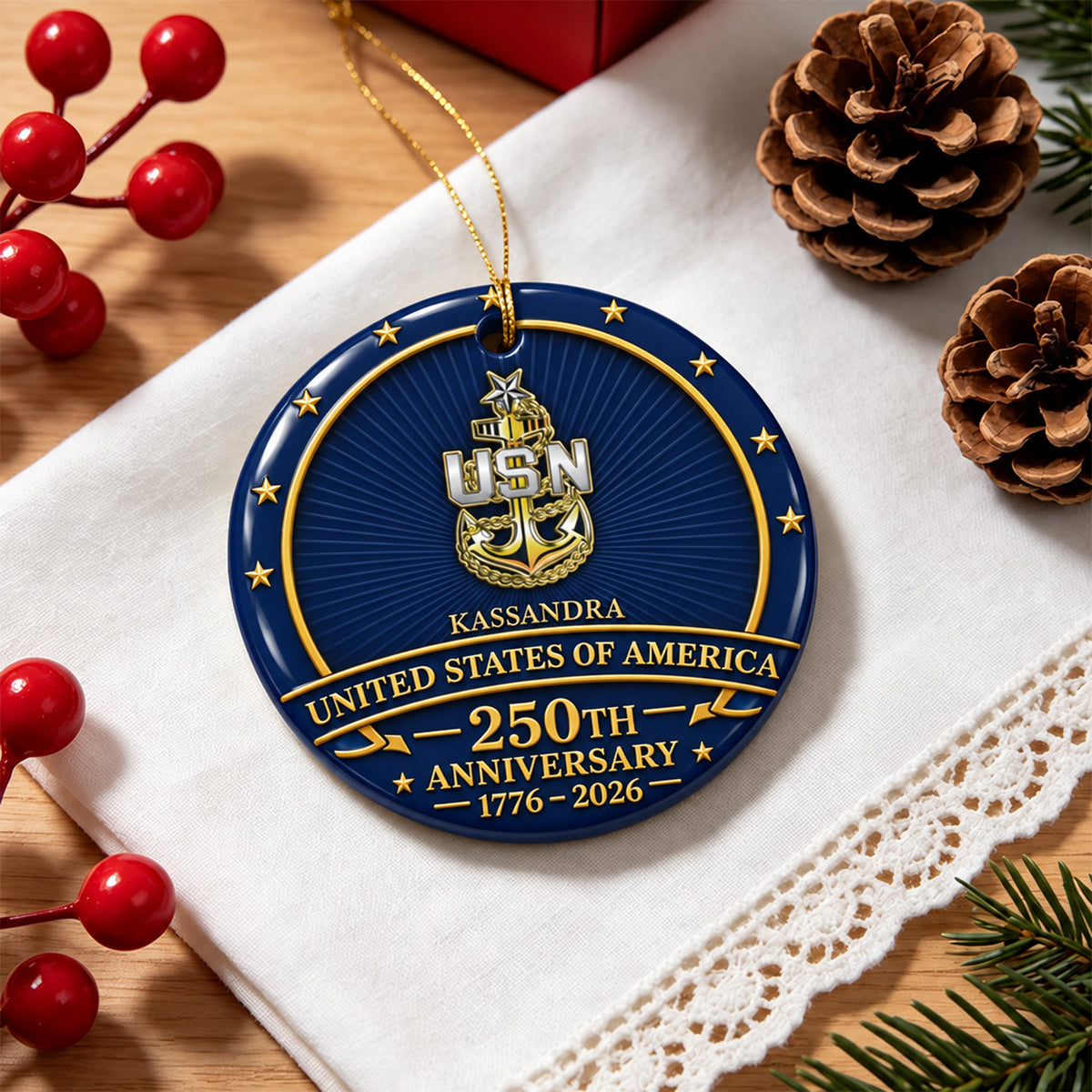 U.S. Navy Ceramic Ornament Personalized Rank Text Veteran Gift