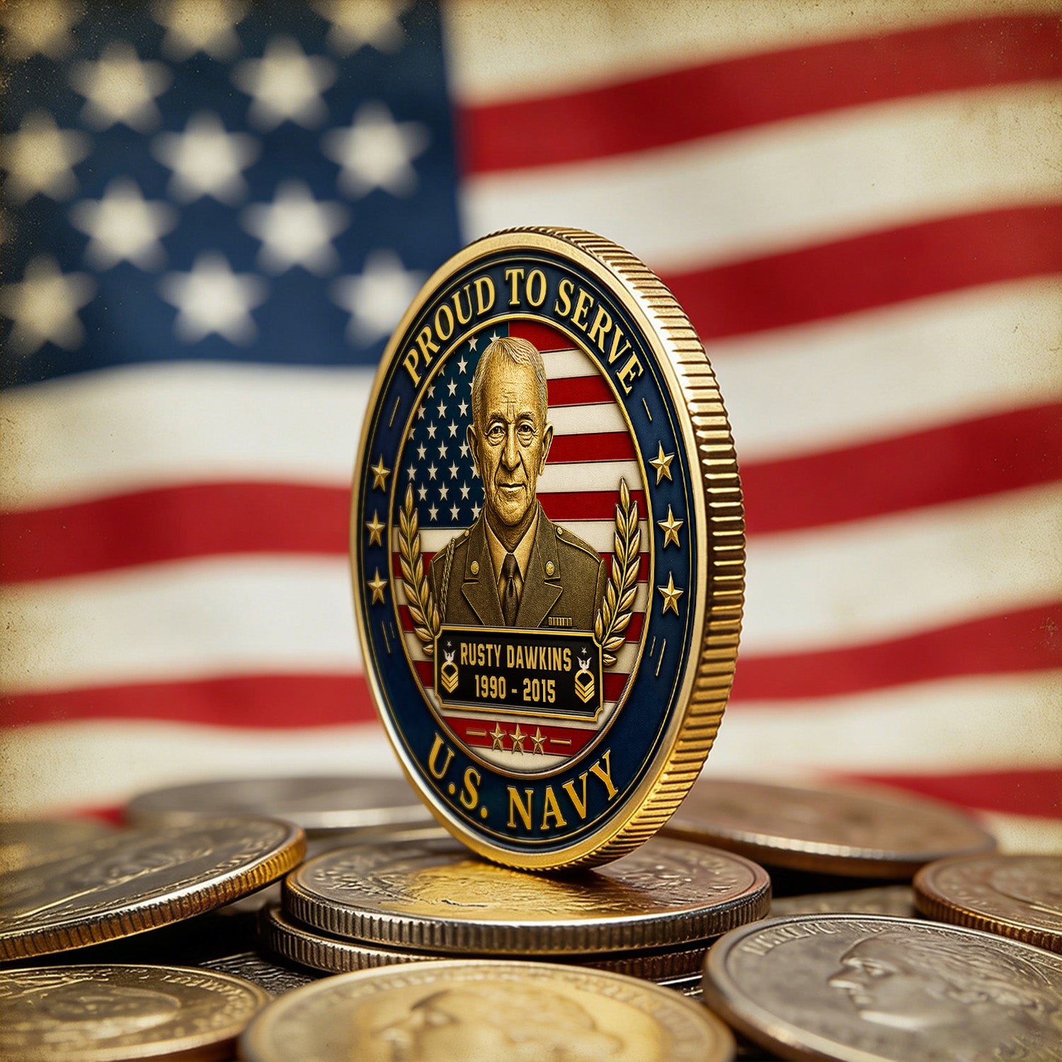 Personalized Navy Coin Custom Photo Rank Name Gift