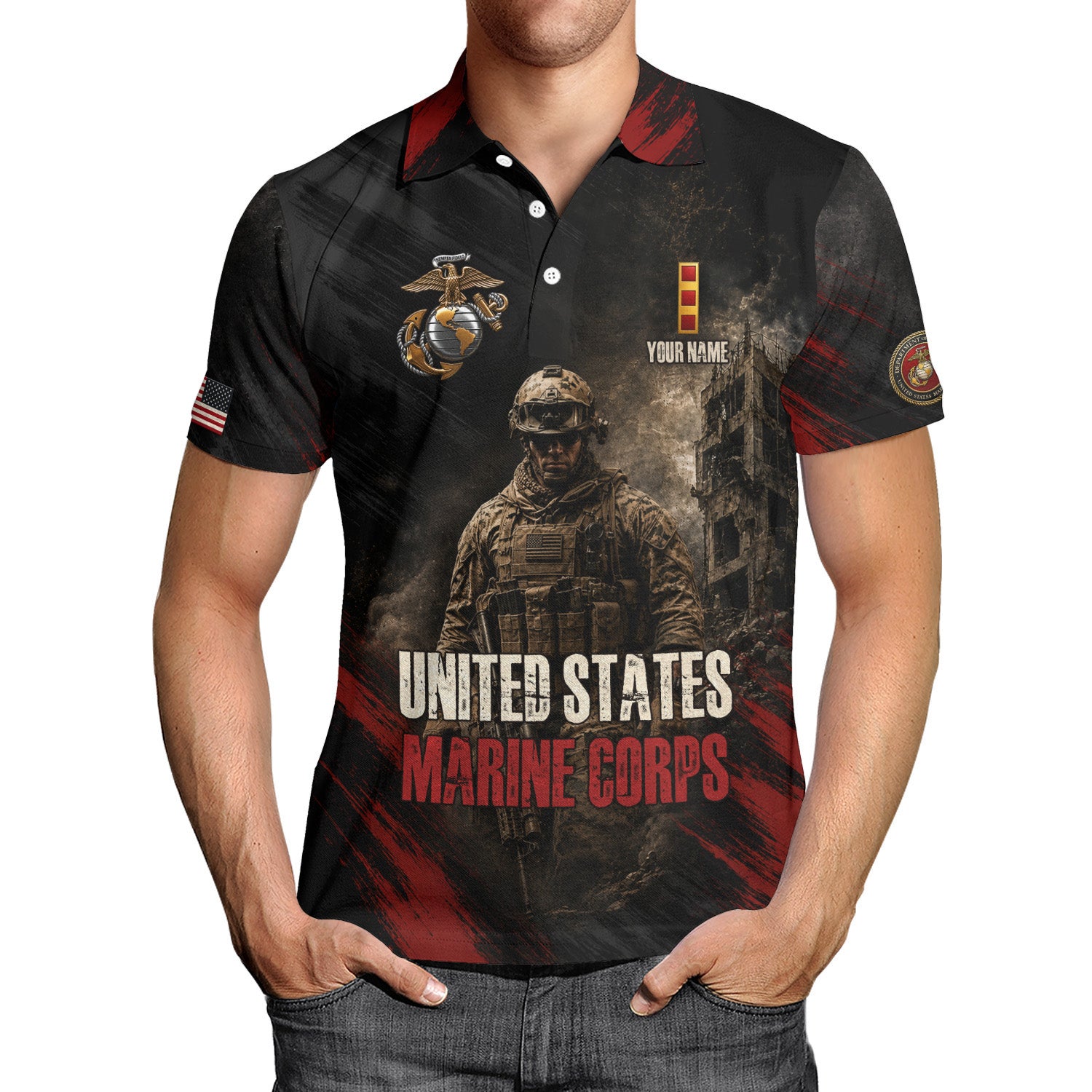 US Marine Corps Personalized Military Rank All Over Print Polo Shirt