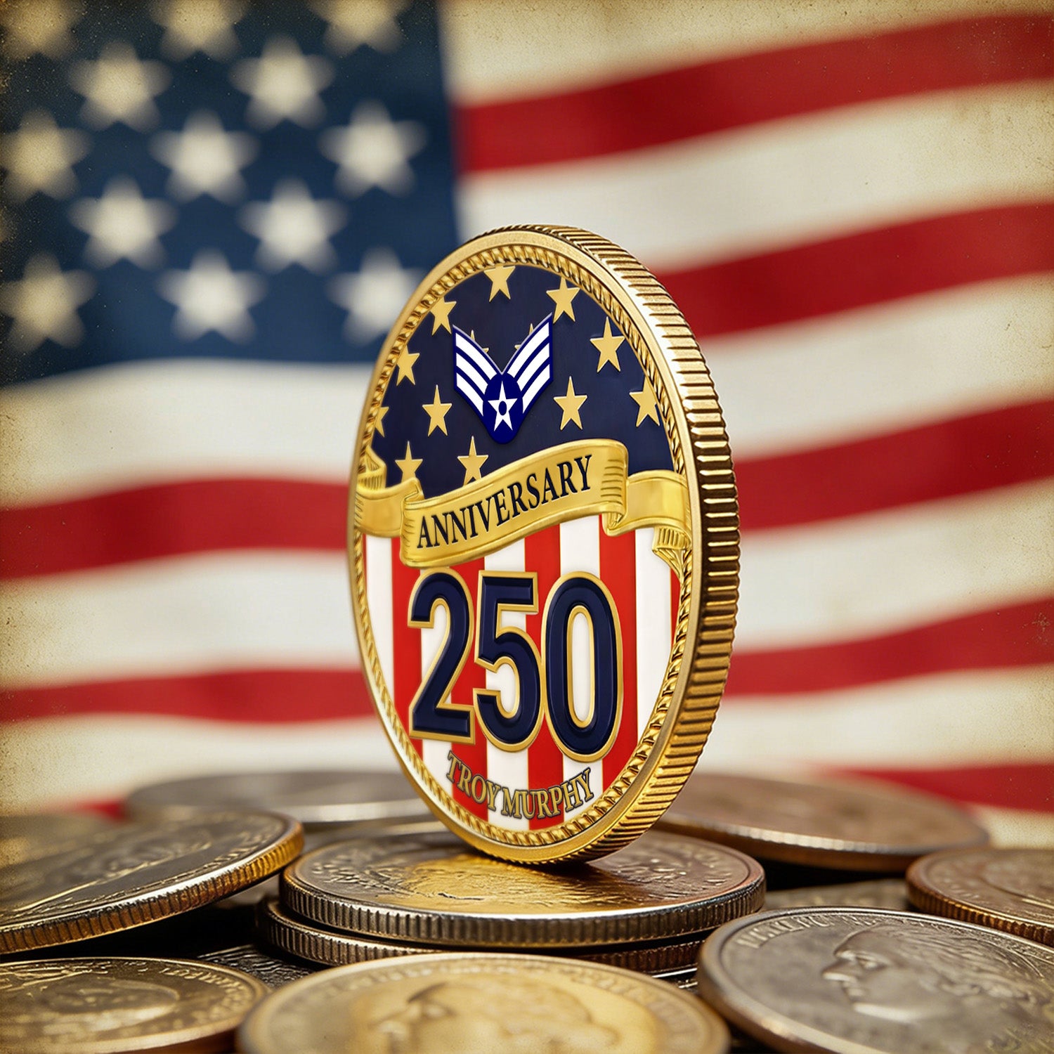 USA 250 Anniversary Coin Custom Name Rank US Air Force Patriotic Gift