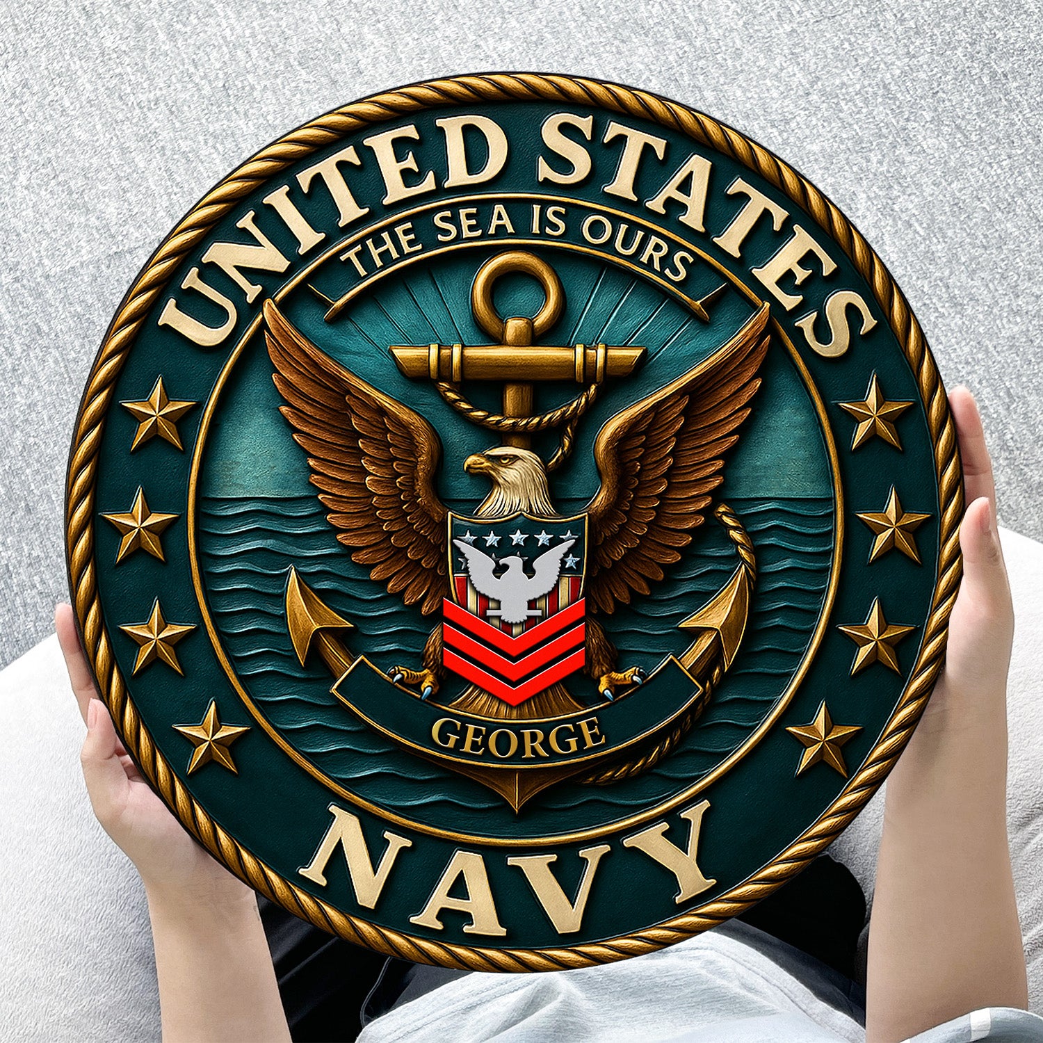 U.S. Navy “The Sea Is Ours” Wooden Sign – Personalized Name & Rank
