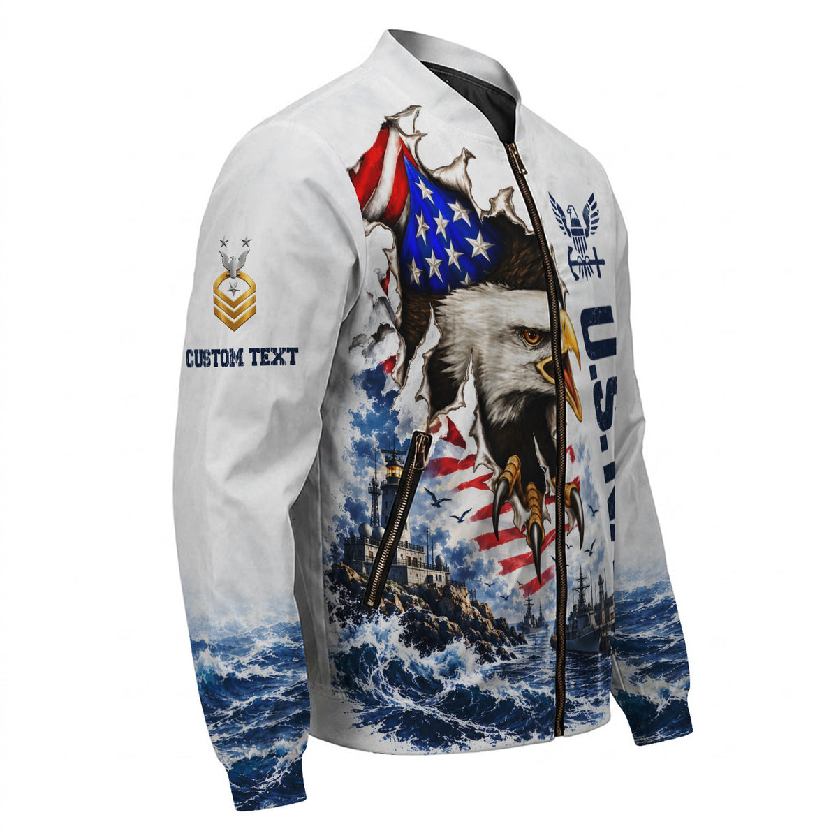 Personalized U.S. Navy Bomber Jacket Custom Rank & Text Veteran Gift