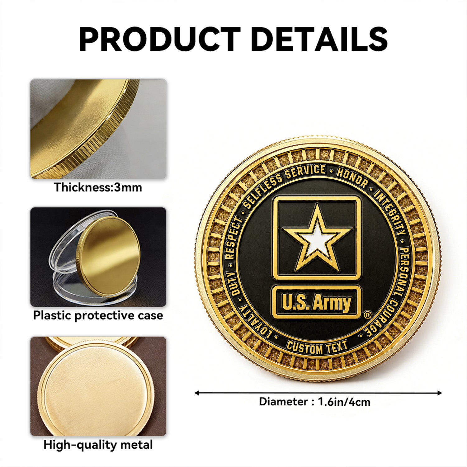 Custom Army NCO Rank Text 3D Challenge Coin Keepsake