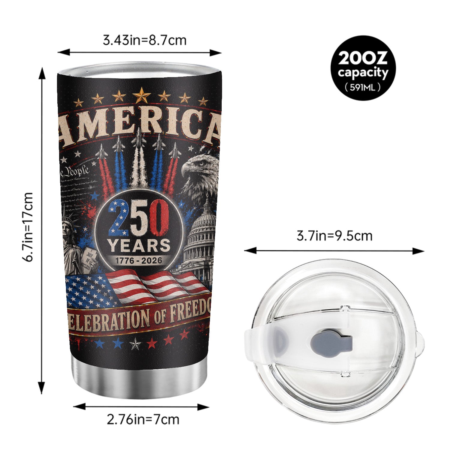 USA 250 Years Liberty Tumbler 20oz Patriotic Keepsake