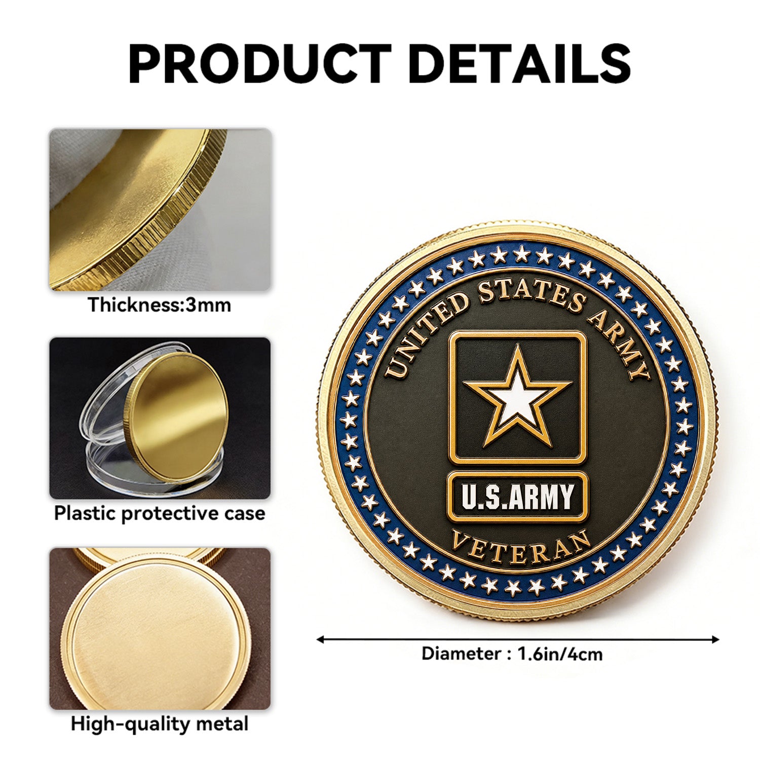 Personalized Army Recognition 3D Challenge Coin With Rank