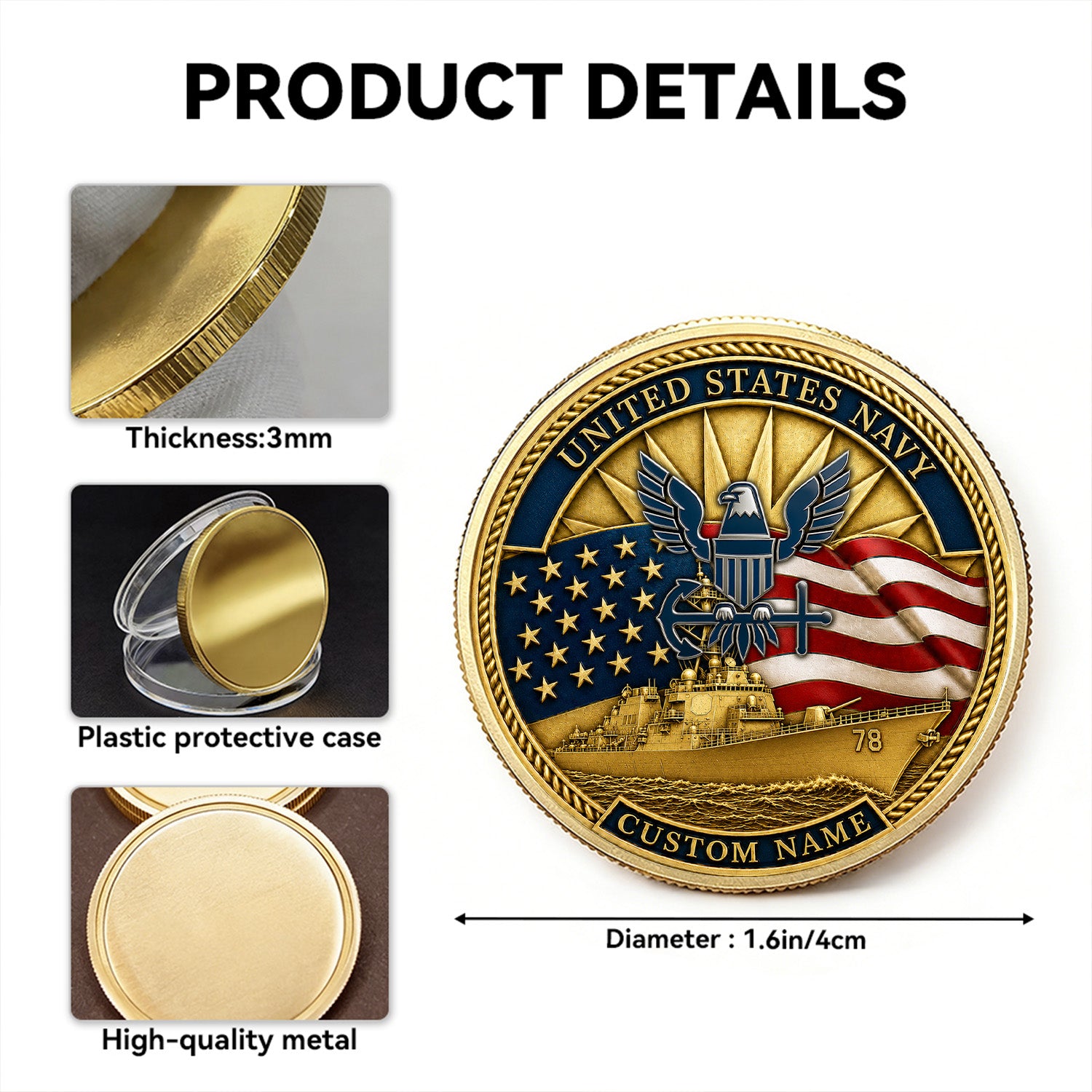 US Navy Chief Rank Custom Name 3D Challenge Coin Keepsake