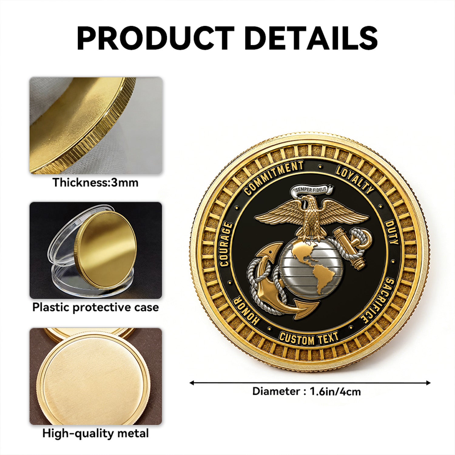 USMC Veteran Custom Name Rank 3D Challenge Coin Keepsake