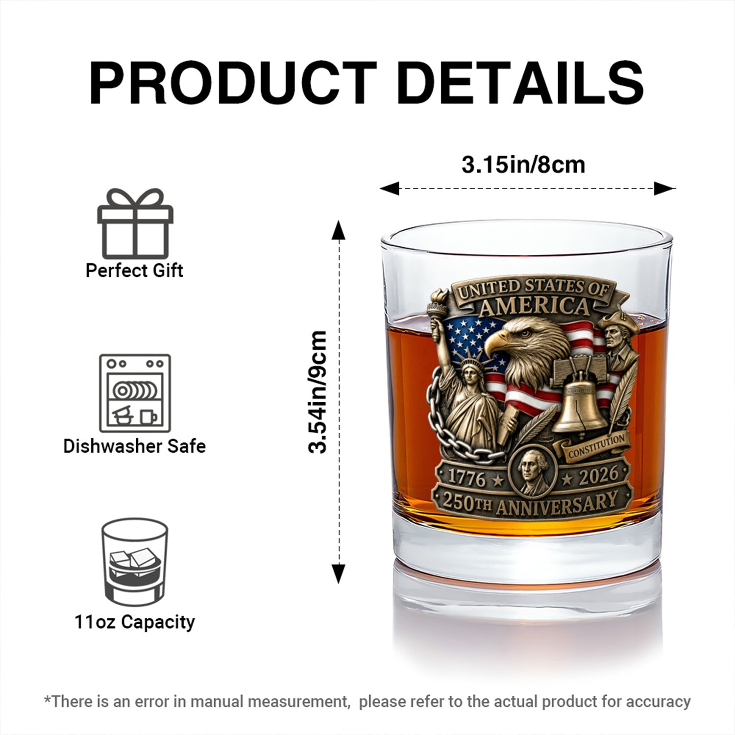 Semiquincentennial Whiskey Glass USA 250 Anniversary Gift