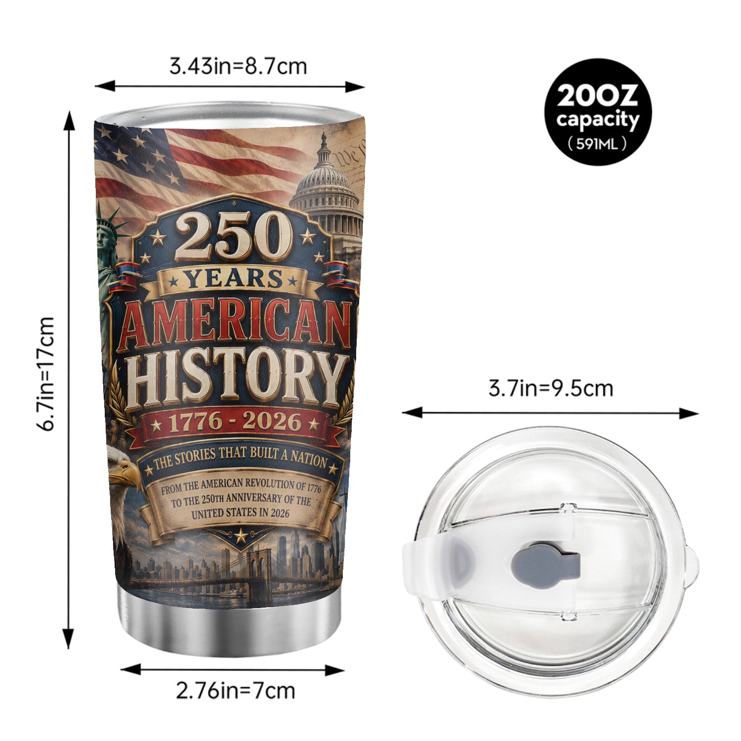 USA Patriotic Tumbler 20oz 250th Anniversary Gift