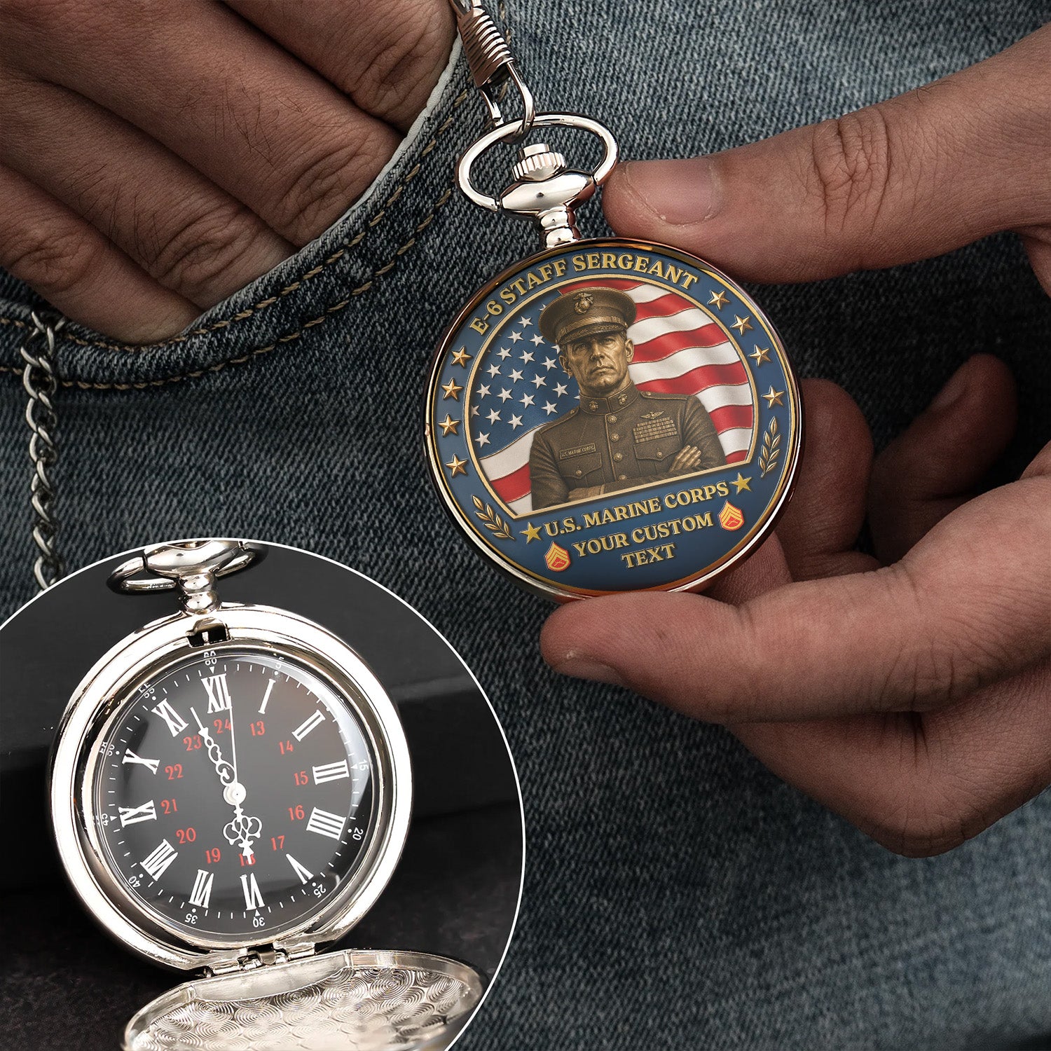 Custom USMC Rank Pocket Watch Military Veteran Gift