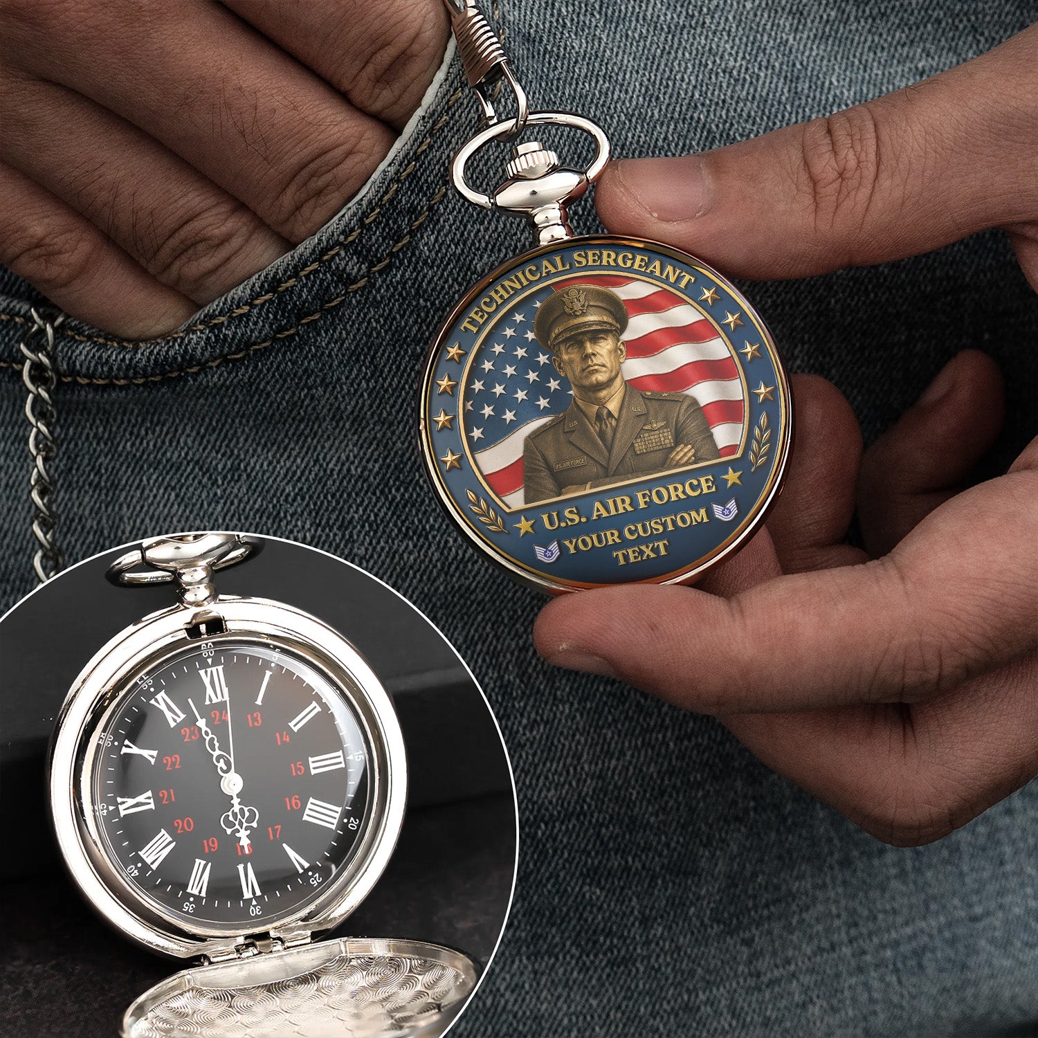 Custom US Air Force Rank Pocket Watch Military Gift