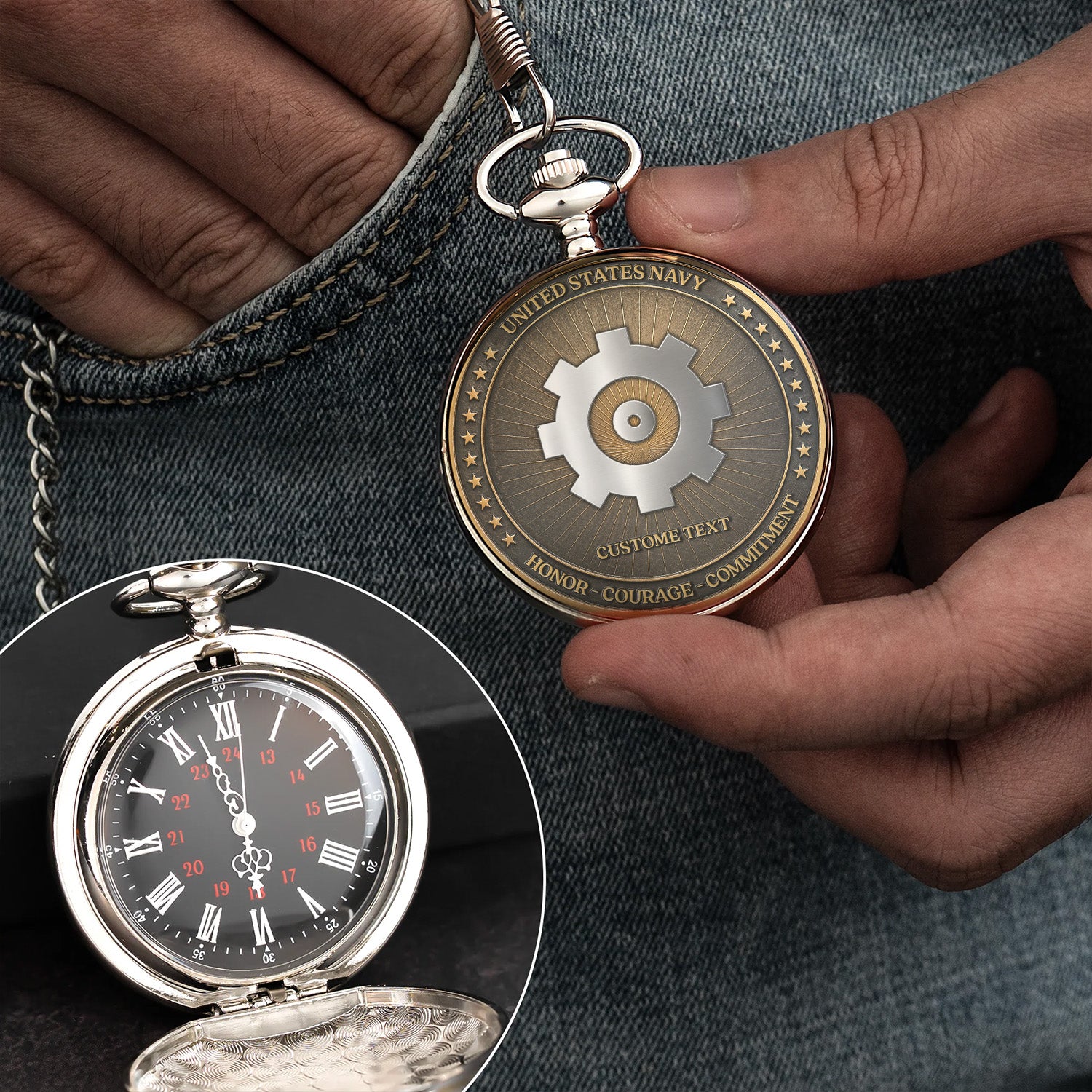 US Navy 250th Anniversary Pocket Watch Personalized Rank and Text