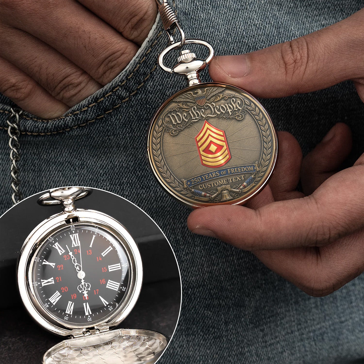 USMC 250 Years Pocket Watch Custom Name Rank Veteran Gift
