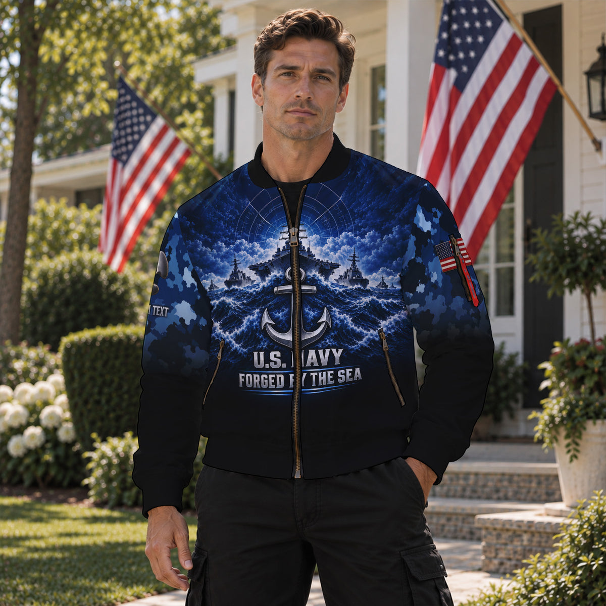 Custom US Navy Bomber Jacket Personalized Name Rank for Veterans