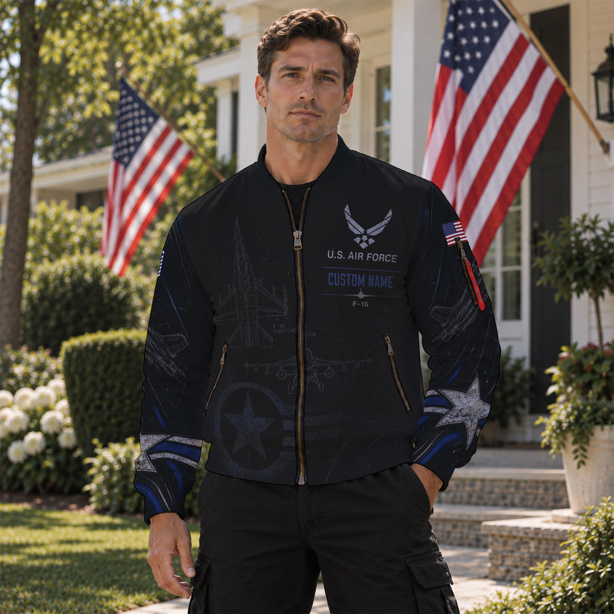Custom USAF Veteran Bomber Jacket Personalized Name Rank Military Gift