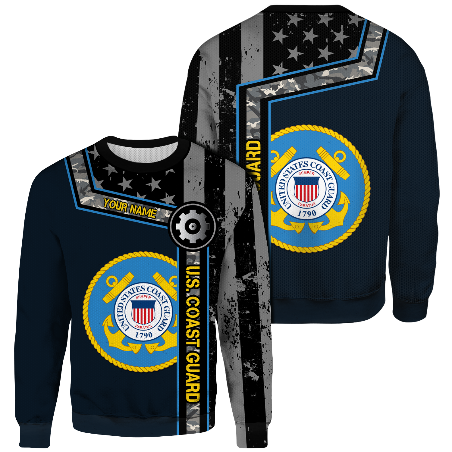 Custom 3D All Over Prints Ugly Sweater, Personalized Name And Military Logo, Black/White USA Flag