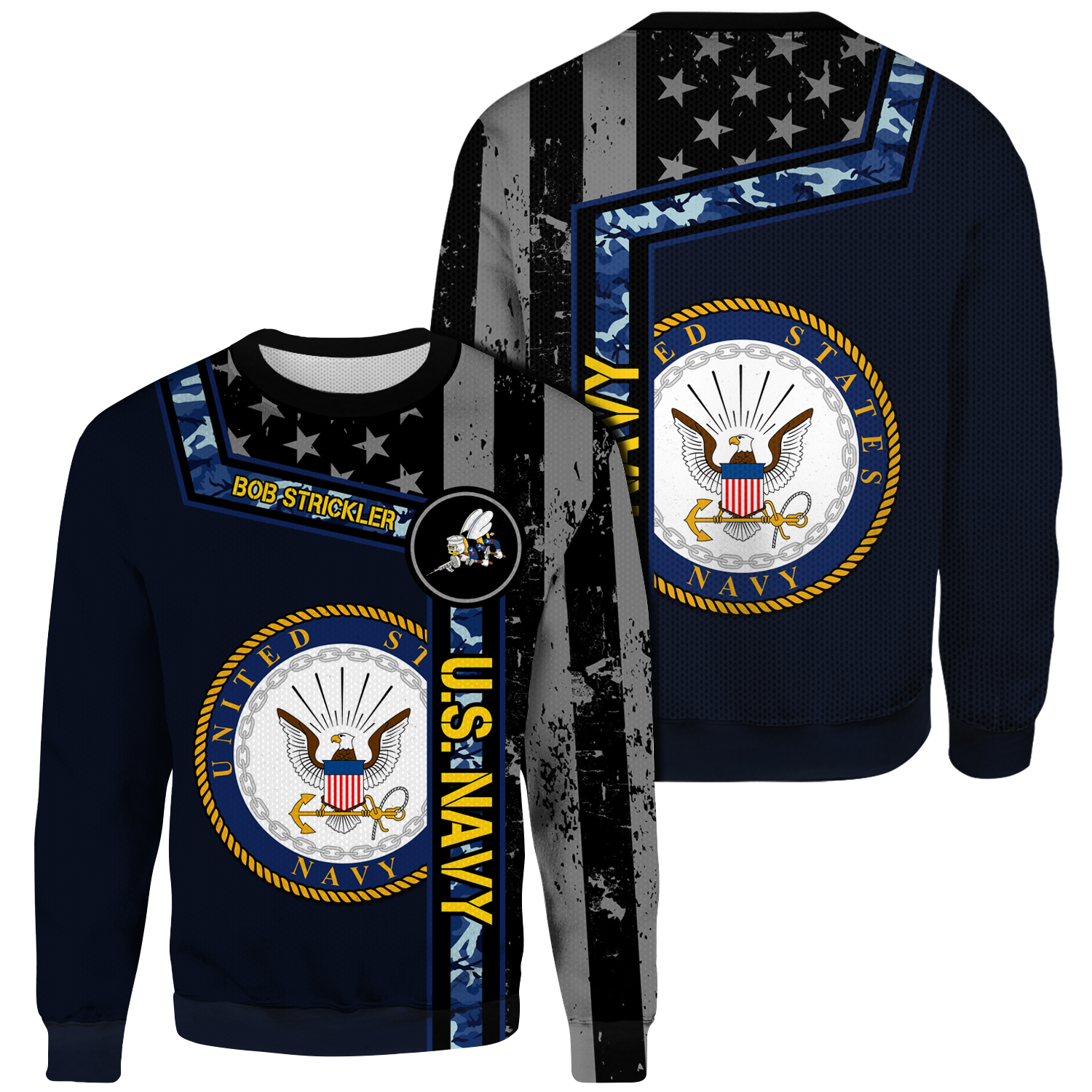 Custom 3D All Over Prints Ugly Sweater, Personalized Name And Military Logo, Black/White USA Flag