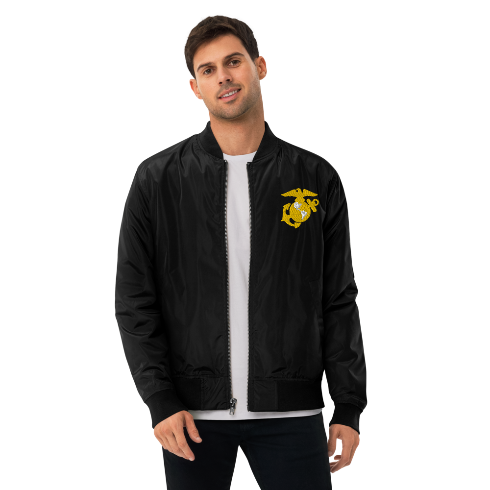 Never Underestimate An Old Marine, Custom MARlNE Ranks, Insignia On Back, Embroidered Recycled Bomber Jacket