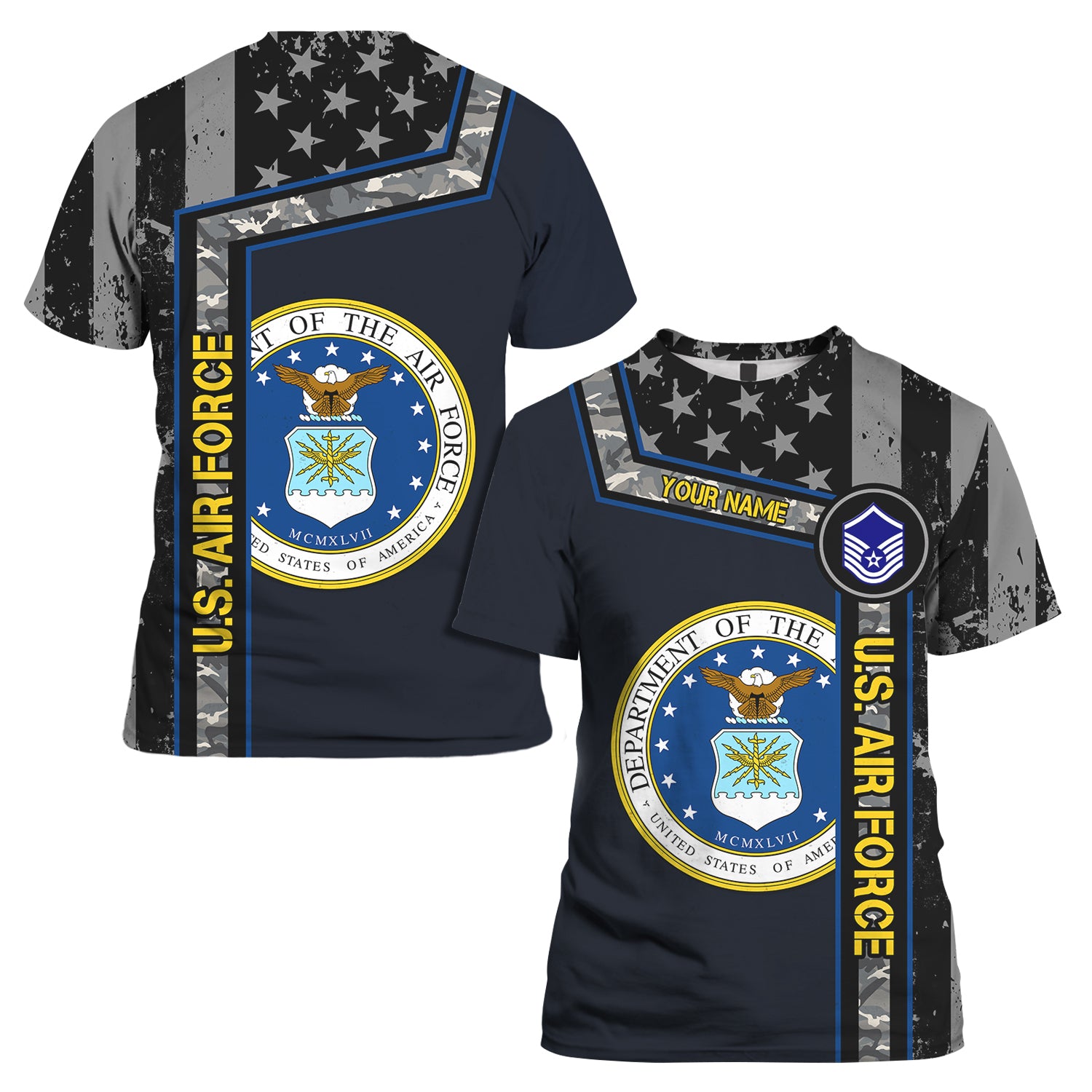 Custom 3D All Over Prints T-Shirt, Personalized Name And Military Logo, Black/White USA Flag-AOV-Custom-Veterans Nation