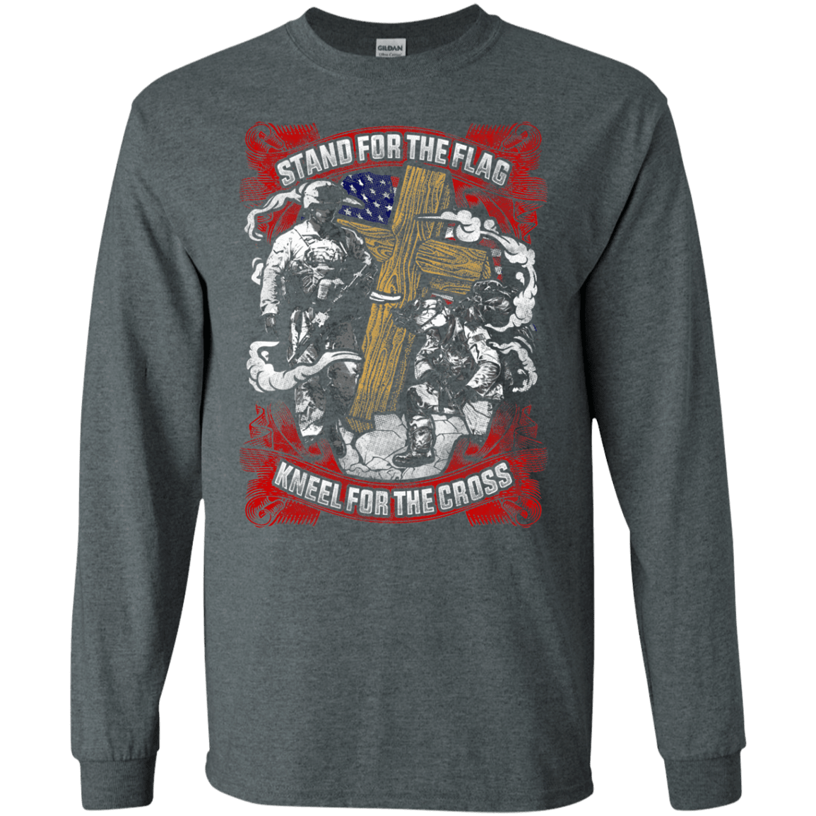 Military T-Shirt "Stand For the Flag Kneel For The Cross Men" Front-TShirt-General-Veterans Nation
