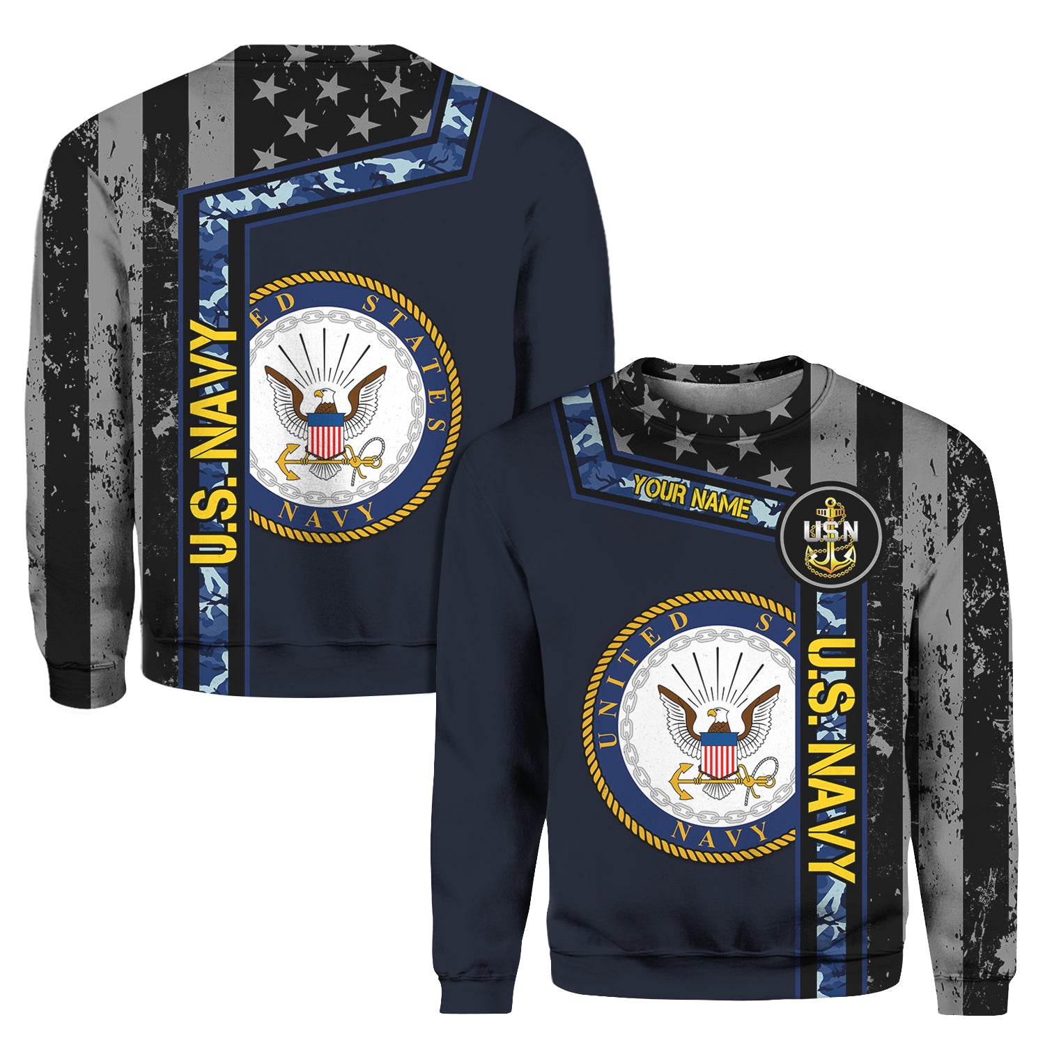 Custom 3D All Over Prints Crewneck Sweatshirt, Personalized Name And Military Logo, Black/White USA Flag-AOV-Custom-Veterans Nation