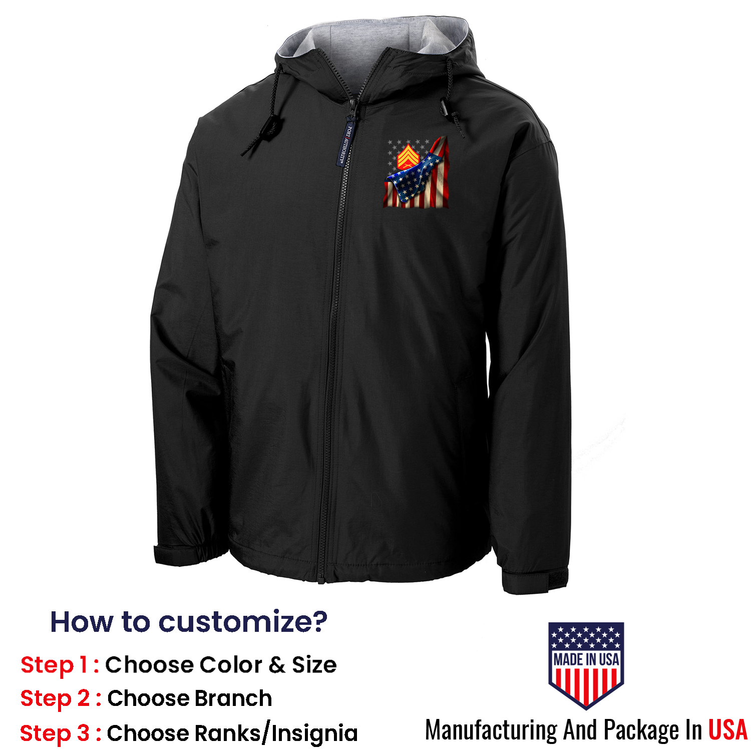 Custom MARlNE Ranks/Insignia, USA Flag, Print On Left Chest Team Jacket